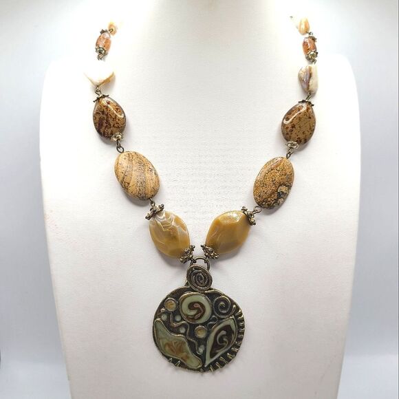 Chico's Boho Necklace, Enameled Pendant, Stone Beads - Picture 1 of 8